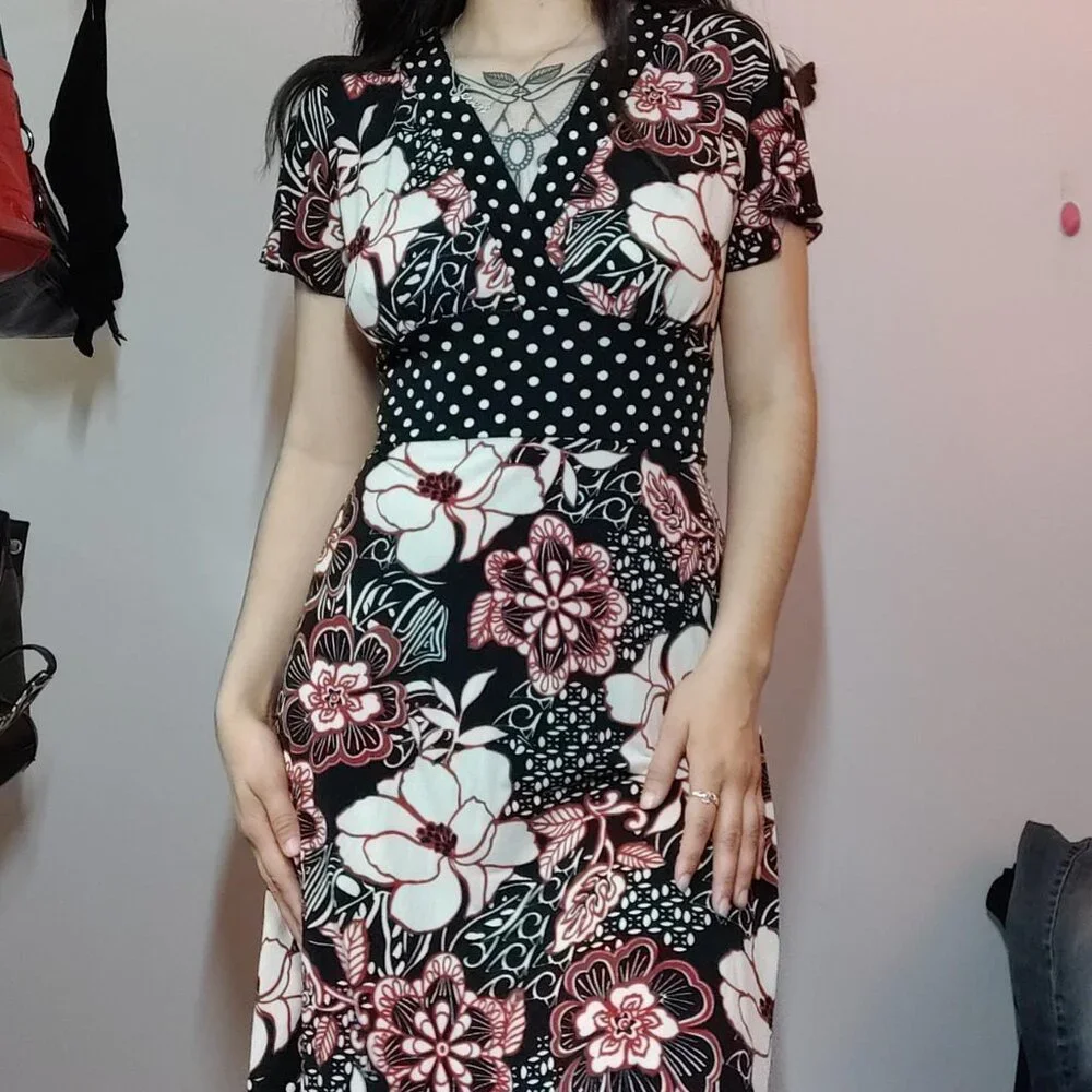 Y2k Midi Mixed Print Polka Dot Dress !! - Picture 2 of 7